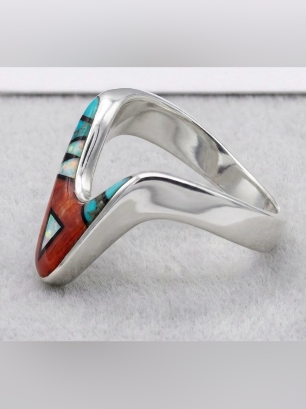 Vintage 925 Sterling Silver Philippines Southwestern Inlay Turquoise Coral Ring